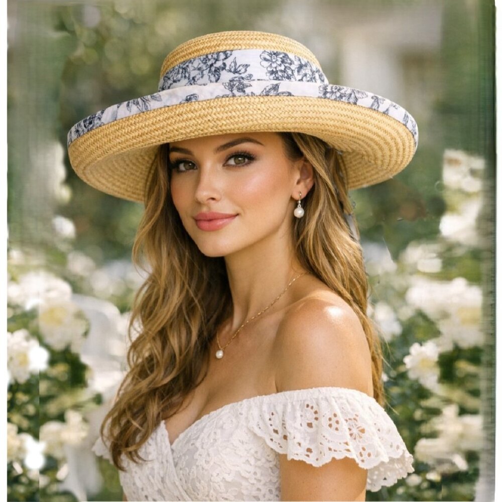 Vintage LIZ CLAIBORNE Boater Inspired  Lightweight Woven Straw Sun Hat